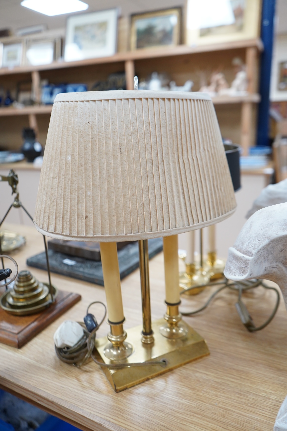 Two early 20th century French brass desk lamps, tallest 45cm